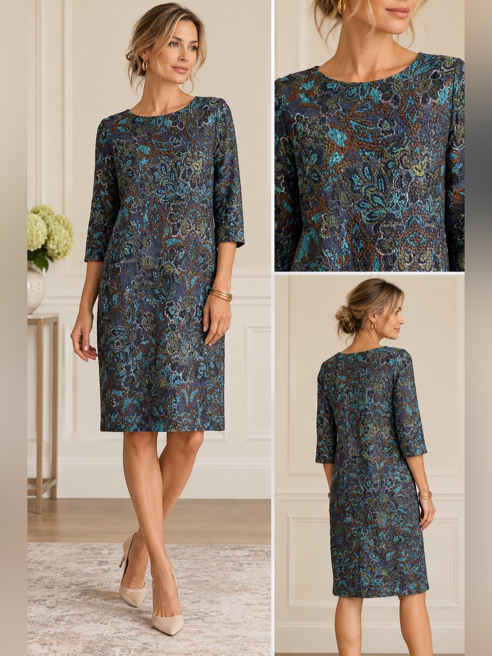 RIANI Textured Print Shift Midi Dress in Navy Multi
Designed in Germany.